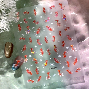 Chinese Style Koi Goldfish Nail Art Stickers Cute Laser Holographic Lotus Pattern DIY Manicure Decoration Decals For Women