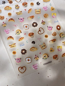 Détail des autocollants 3D pain et dessert avec texture brillante et motifs mignons