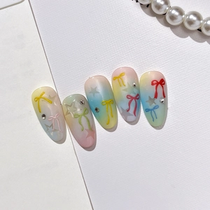 3D bow and rhinestone macaron gradient nail art stickers with butterfly relief design