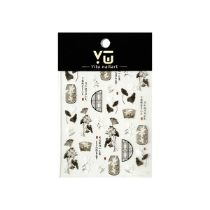 Chinese lotus flower self-adhesive nail art stickers with ink style floral design YT6302