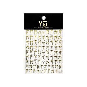 Golden metallic bow nail art stickers featuring elegant curled designs on a backing card