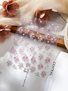 Macro detail of YT6233 embossed 3D nail stickers with pink bouquets and bows