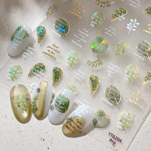Gold Foil Shell Light Leaf Nail Art Stickers Summer Fresh Green Leaves English Quotes Decorative Nail Decals YT6204 Pro