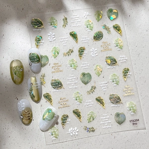 Green leaf and gold lettering nail stickers for summer botanical manicure designs