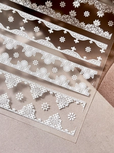 Detailed macro view of white 5D embossed lace and floral patterns for elegant nail art decor