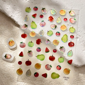 Fruit nail art stickers with holographic laser effect featuring apples and strawberries