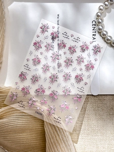 Detail of pink rose embossed nail stickers with elegant floral patterns and cursive text