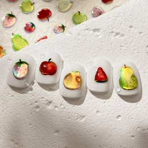3D jelly laser fruit nail stickers with strawberry and watermelon on white nails