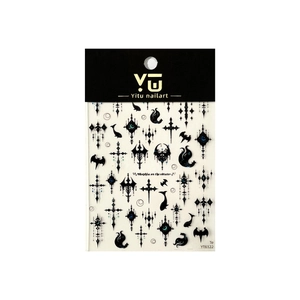 Gothic nail stickers with black crosses and moon patterns on a professional white background