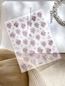 Detail shot of YT6233 embossed 3D floral nail stickers with pink roses and text