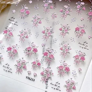 5D embossed nail art stickers featuring pink roses, purple flowers, and delicate bows