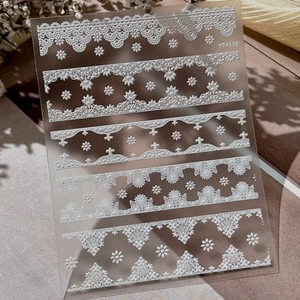 White 3D embossed lace nail art stickers with delicate floral patterns YT4119