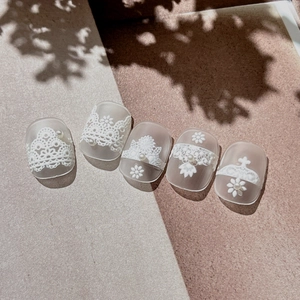White lace relief nail stickers with pearls on translucent matte long square press-on nails