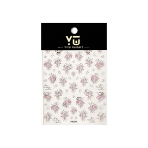 Embossed pink rose nail art stickers with glitter and cursive text on black card