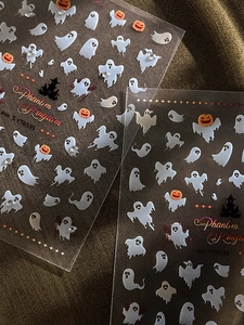 Detail of Phantom Kingdom Halloween nail stickers with ghost and pumpkin patterns