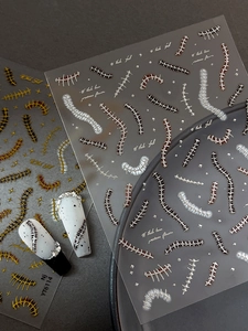 3D metallic fishbone and spine nail stickers with gothic stitch designs for Halloween