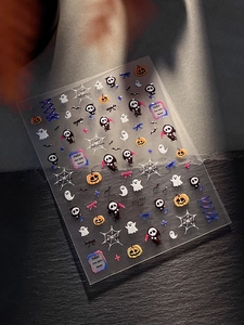 Macro detail of Halloween nail stickers with ghost, pumpkin, and grim reaper on black stone