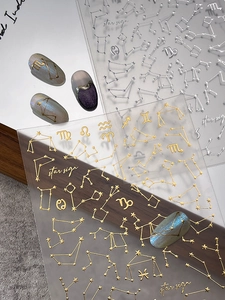 Detailed view of gold and silver zodiac star sign nail stickers with metallic stars