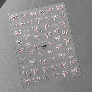 Sweet pink and white bow nail stickers with sparkling rhinestones, style YT6084