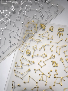 Macro detail of 3D metallic gold and silver zodiac star sign nail art stickers