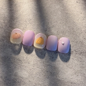 Short square pumpkin nail set with lilac lavender finish and 3D water drop details