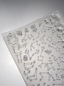 Macro detail of silver zodiac constellations 3D metallic nail art stickers in elegant star sign set
