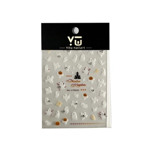 3D Halloween nail stickers with ghosts and pumpkins on white background packaging