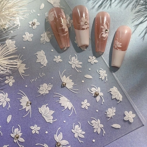 5D Relief White Flower Butterfly Nail Art Stickers With Rhinestones 3D Embossed Self Adhesive Nail Art Decals For Women DIY Decoration