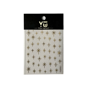 Golden glittering hexagram and starburst nail art stickers on a professional display card