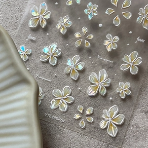 3D embossed frangipani nail art stickers with pearlescent finish and white flower relief