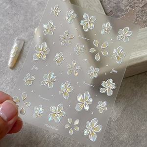 3D embossed frangipani nail art stickers with iridescent shell finish on display card