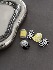 3D relief nail stickers with yellow smiles, checkerboard patterns and metallic beads