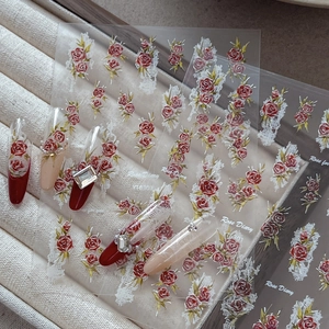 5D Embossed Red Rose Nail Stickers Vintage White Lace Flower Design 3D Self Adhesive Manicure Decals For Women DIY Nail Art
