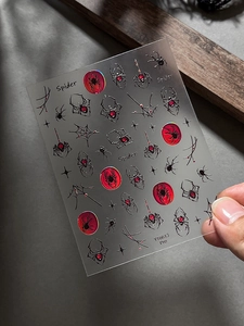 Detail of silver laser spider web and spider nail art stickers for Halloween gothic style