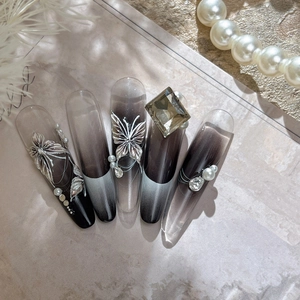Dark butterfly press-on nails set with silver 3D butterflies and crystal embellishments