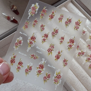 Vintage red rose 5D embossed nail stickers with white lace patterns and green leaves