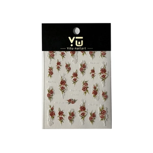 5D embossed red rose nail art stickers with vintage floral patterns and 3D leaf designs
