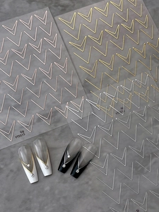 Detail of metallic V-shape nail art stickers in gold, silver and rose gold finishes