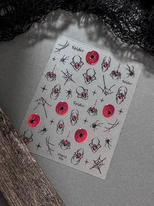 Detail of YT6613 spider nail stickers featuring gothic black webs and red gem textures