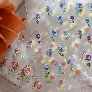 3D embossed rose nail art stickers with vintage floral patterns and gold foil detail