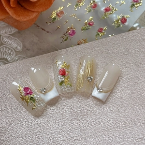 Elegant 3D rose press-on nail set with gold foil pearls and rhinestone accents