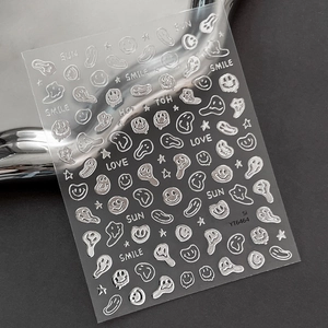 Silver metallic 3D embossed nail art stickers with smiles and stars design