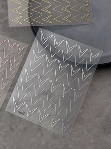 Detailed view of geometric V-shaped nail art stickers in gold, silver and rose gold