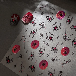 Holographic silver laser spider nail stickers with gothic red ruby insect designs