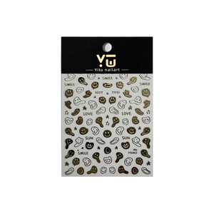 Metallic gold melting smiley face nail art stickers YT6463 with minimalist black and white patterns