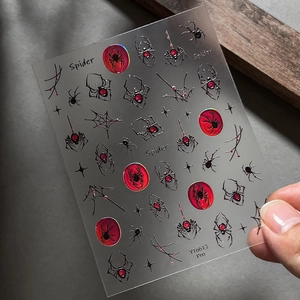 Silver laser spider nail stickers with holographic web designs and red ruby metallic finish