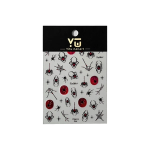 Holographic silver laser spider nail art stickers with red rhinestones for Halloween