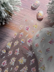 Detailed 5D relief Christmas nail stickers featuring trees and snowmen motifs on sheet YT6539