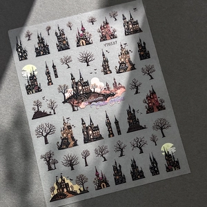 Halloween gothic castle embossed nail art stickers with bats and moonlight patterns