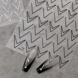 Minimalist geometric line nail stickers with black and white French V-shape patterns